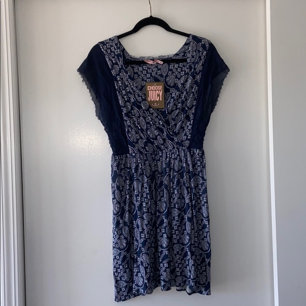 Juicy Couture Navy Paisley Scallop Sleeve Dress